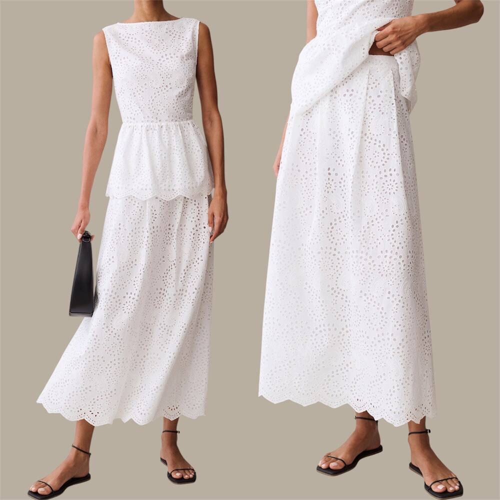 Few Moda Teresa White Eyelet Floral Broderie Anglaise Cotton Maxi Skirt 12 Large